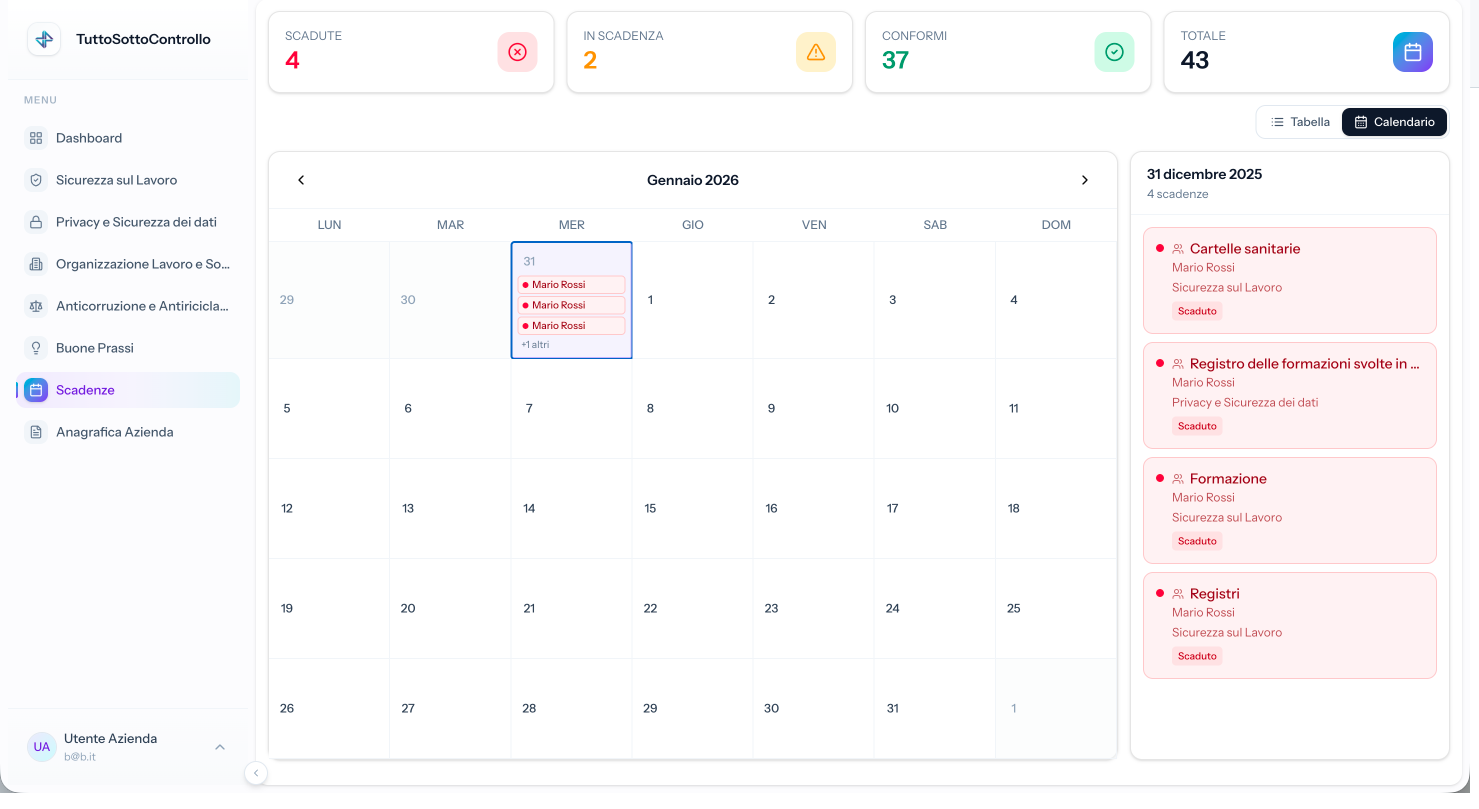 Calendario Scadenze — Visualizzazione calendario delle scadenze con dettaglio giornaliero